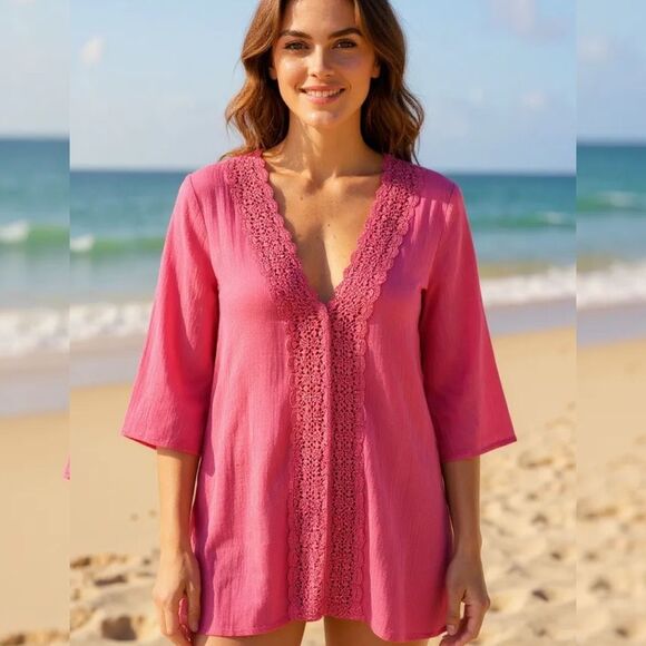 La Blanca Barbie Pink Eyelet Embroidered Coverup Size Small Swim Coverup Beach - Picture 1 of 12